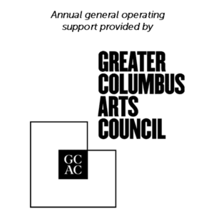 Greater Columbus Arts Council's logo. It's black & white with a square and the initials of the organization. The tagline reads "Annual general operating support provided by Greater Columbus Arts Council".
